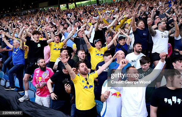Fans of Leeds United celebrate after defeating Preston North End during the Sky Bet Championship match between Leeds United FC and Preston North End...