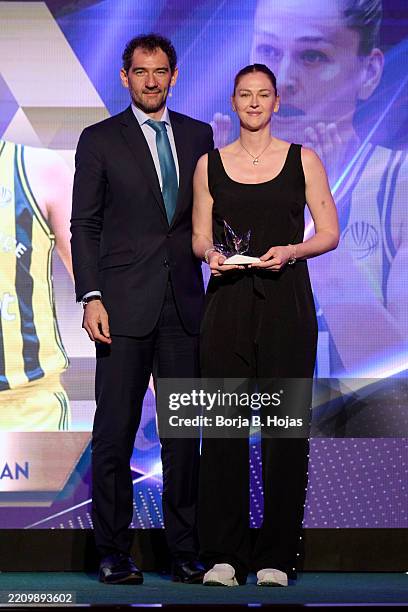 Emma Meesseman of Fenerbahce Opet receives the "Most Valuable Player Award" during Euroleague Women Season Awards Ceremony at Caja Rural de Aragon...