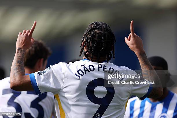Joao Pedro of Brighton & Hove Albion celebrates scoring his team's first goal from the penalty spot during the Premier League match between Brighton...
