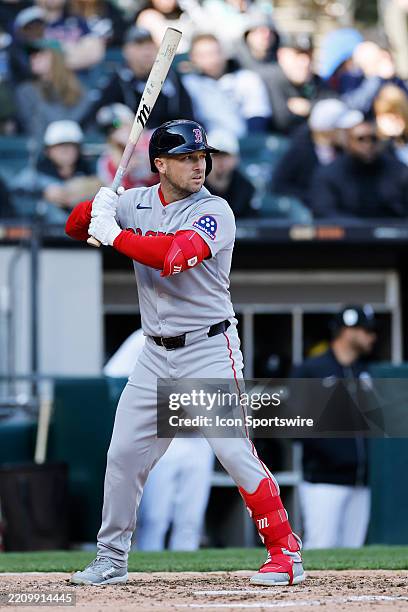 Boston Red Sox third baseman Alex Bregman bats during an MLB game against the Chicago White Sox on April 12, 2025 at Rate Field in Chicago, Illinois.