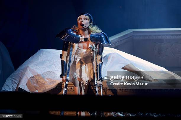 Lady Gaga performs at the Coachella Stage during the 2025 Coachella Valley Music and Arts Festival at Empire Polo Club on April 11, 2025 in Indio,...