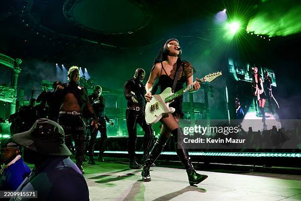 Lady Gaga performs at the Coachella Stage during the 2025 Coachella Valley Music and Arts Festival at Empire Polo Club on April 11, 2025 in Indio,...