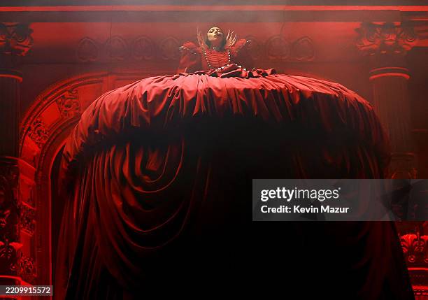 Lady Gaga performs at the Coachella Stage during the 2025 Coachella Valley Music and Arts Festival at Empire Polo Club on April 11, 2025 in Indio,...
