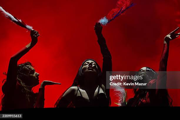 Lady Gaga performs at the Coachella Stage during the 2025 Coachella Valley Music and Arts Festival at Empire Polo Club on April 11, 2025 in Indio,...