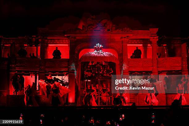 Lady Gaga performs at the Coachella Stage during the 2025 Coachella Valley Music and Arts Festival at Empire Polo Club on April 11, 2025 in Indio,...
