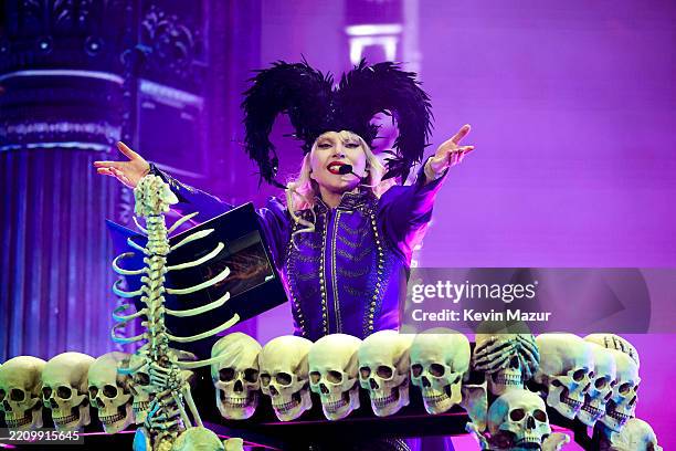 Lady Gaga performs at the Coachella Stage during the 2025 Coachella Valley Music and Arts Festival at Empire Polo Club on April 11, 2025 in Indio,...