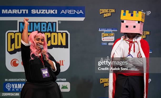 Cosplayers participate in a contest at Mumbai Comic Con at Jio World Convention Centre on April 12, 2025 in Mumbai, India.