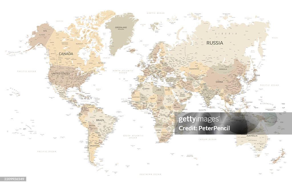Netural Map World Map High Quality Print Vector Map Of The World In Soft Earth ...
