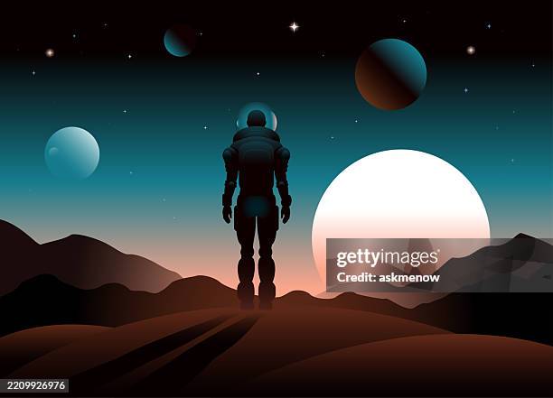 astronaut watching a sunrise - watching sunrise stock illustrations