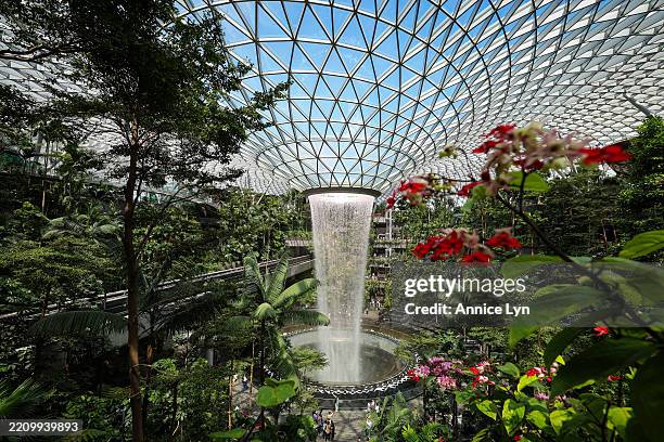 General view of the Rain Vortex, the world’s tallest indoor waterfall at Jewel Changi Airport on April 11 in Singapore. Singapore, one of the world's...