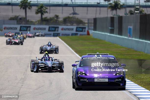 The FIA Safety Car leads the field during the Miami E-Prix, Round 5 of the 2025 FIA Formula E World Championship at Homestead-Miami Speedway on April...
