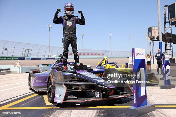 Race winner Pascal Wehrlein of Germany and TAG Heuer Porsche Formula E Team celebrates in parc ferme during the Miami E-Prix, Round 5 of the 2025 FIA...