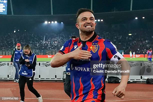 Captain Xherdan Shaqiri of FC Basel celebrates in front of fans the victory after the Swiss Super League match between FC Zürich and FC Basel 1893 at...