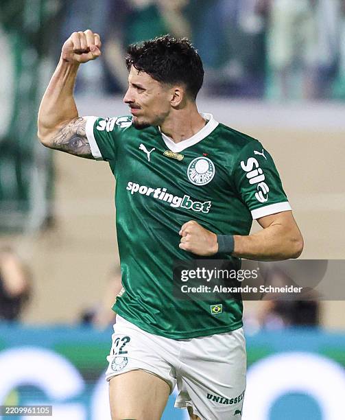 Joaquin Piquerez of Palmeiras celebrates after scoring his team's first goal during a Brasileirao 2025 match between Palmeiras and Corinthians at...