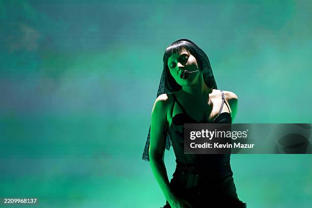 Lady Gaga performs at the Coachella Stage during the 2025 Coachella Valley Music and Arts Festival at Empire Polo Club on April 11, 2025 in Indio,...