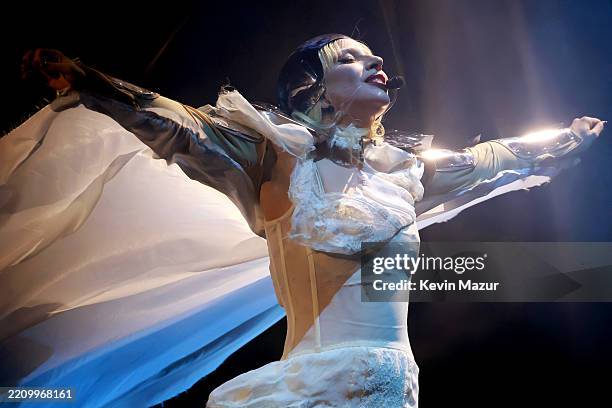 Lady Gaga performs at the Coachella Stage during the 2025 Coachella Valley Music and Arts Festival at Empire Polo Club on April 11, 2025 in Indio,...