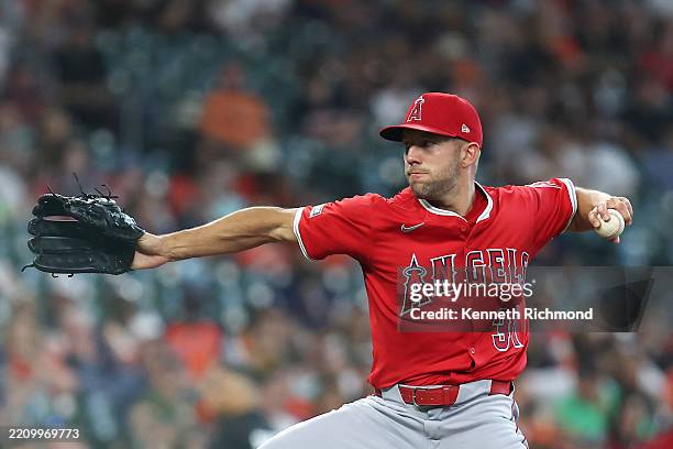 Tyler Anderson of the Los Angeles Angels throws a pitch against the Houston Astros at Daikin Park on April 12, 2025 in Houston, Texas.