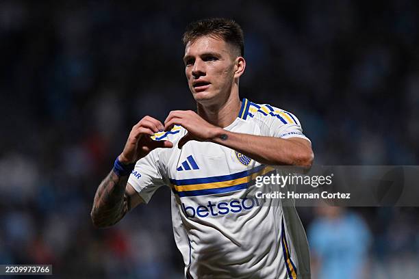 Kevin Zenón of Boca Juniors celebrates after scoring the team's first goal during the Torneo Apertura Betano 2025 match between Belgrano and Boca...