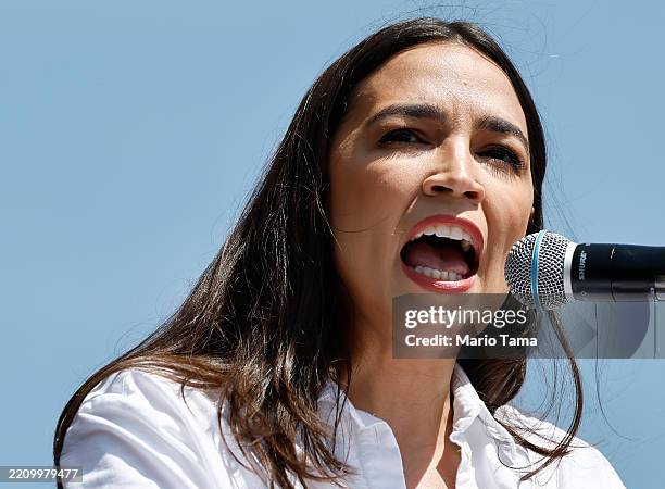 Rep. Alexandria Ocasio-Cortez speaks during a stop on the ‘Fighting Oligarchy’ tour with U.S. Sen. Bernie Sanders at Grand Park on April 12, 2025 in...