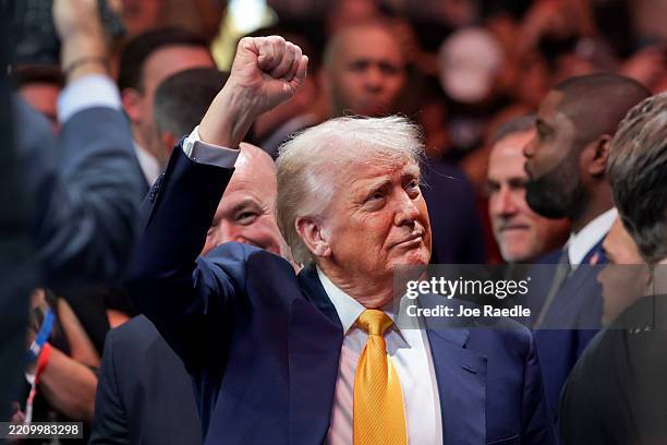 President Donald Trump prepares to watch the Ultimate Fighting Championship at the Kaseya Center on April 12, 2025 in Miami, Florida. The Trump...