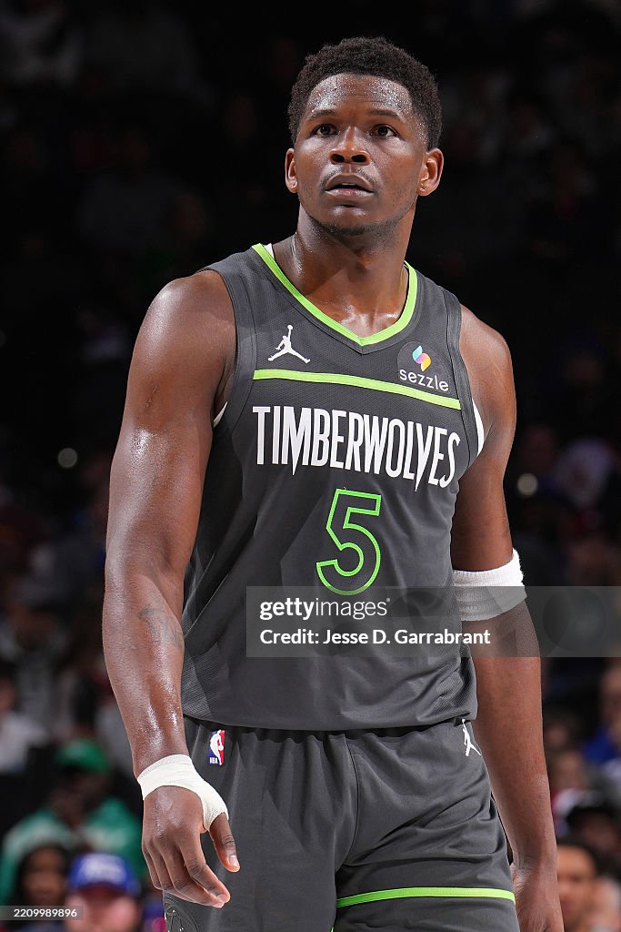 Edwards Wolves Anthony Edwards of the Minnesota Timberwolves looks on during the ...