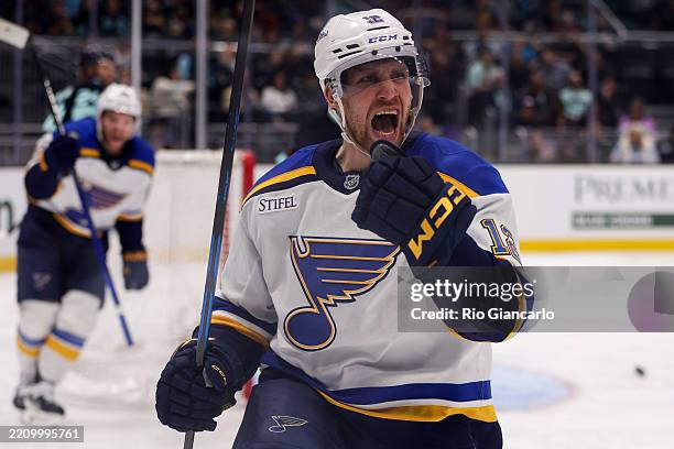 Radek Faksa of the St. Louis Blues reacts after scoring during the third period of the game against the Seattle Kraken at Climate Pledge Arena on...