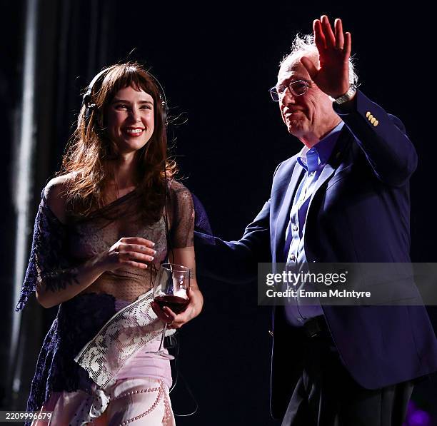 Clairo and Bernie Sanders speak onstage at Outdoor Theatre during the 2025 Coachella Valley Music and Arts Festival at Empire Polo Club on April 12,...