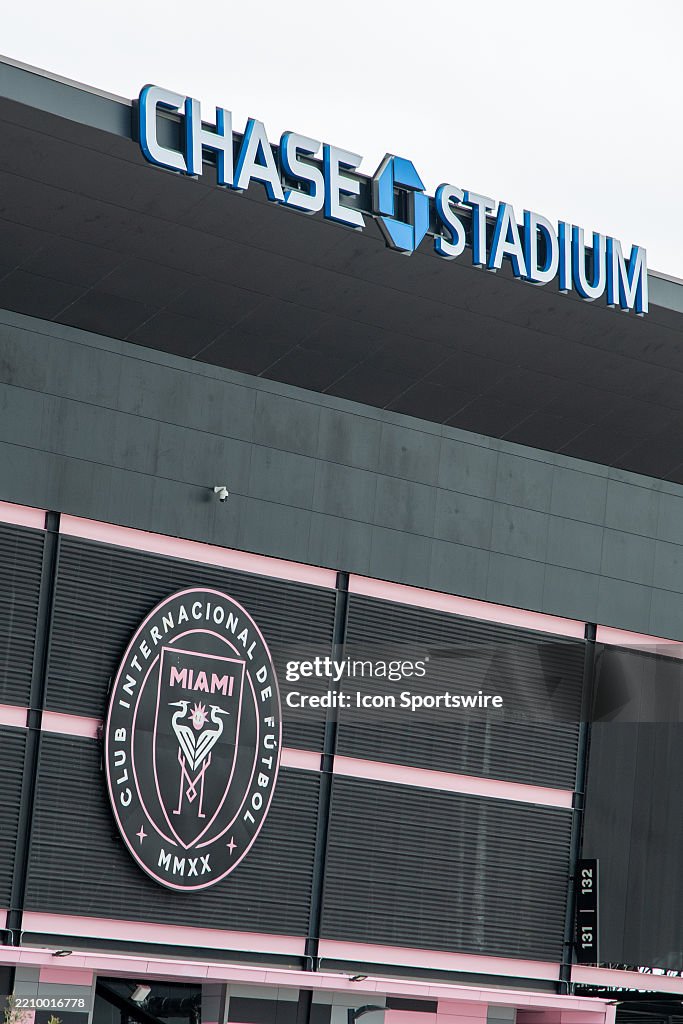 Inter Miami Chain The Inter Miami CF logo and Chase Stadium logo are seen on February ...