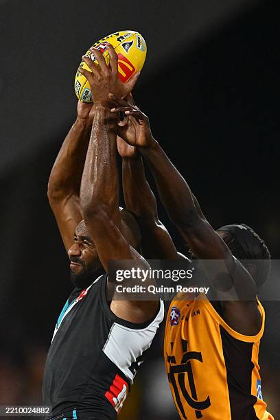 Esava Ratugolea of the Power marks the ball during the round five AFL match between Port Adelaide Power and Hawthorn Hawks at Adelaide Oval, on April...