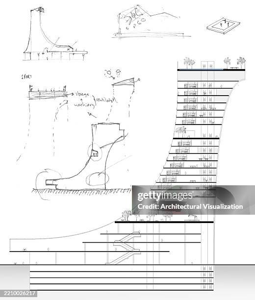 architect sketches and design section of an innovative high-rise tower skyscraper building - plant wall home stock illustrations