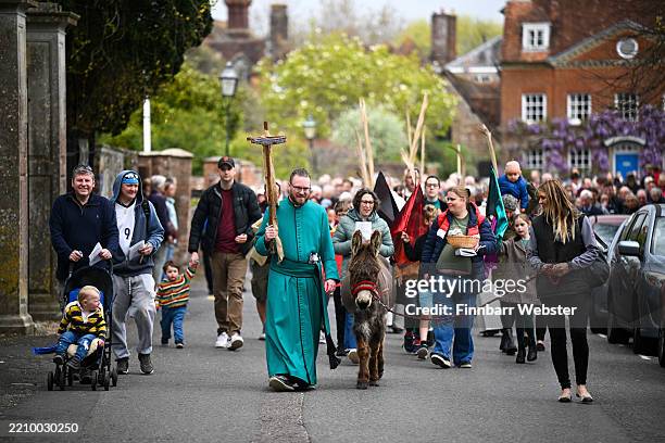 April 13: A donkey from Kelly's Charity Donkey Rescue is seen during the procession at the Palm Sunday service at Salisbury Cathedral, on April 13,...