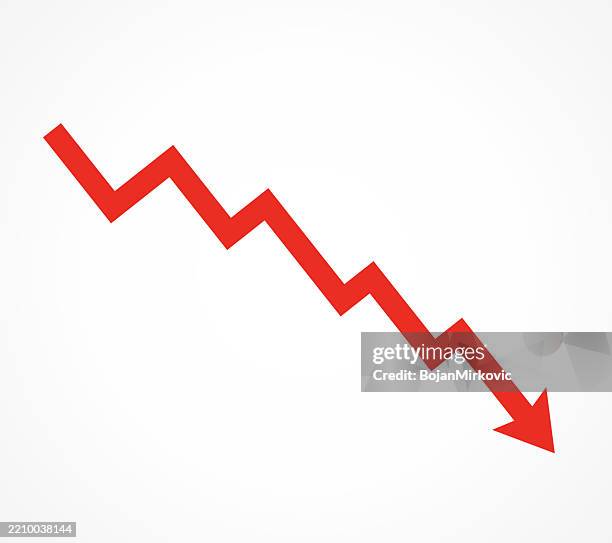 aktienmarkt fällt, roter pfeil bewegt sich nach unten. vektor - heruntergekommen stock-grafiken, -clipart, -cartoons und -symbole