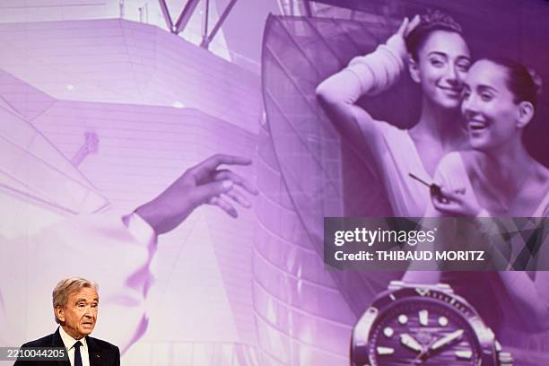Head of top luxury conglomerate LVMH Bernard Arnault addresses a speech during the presentation of the French top luxury conglomerate LVMH group's...