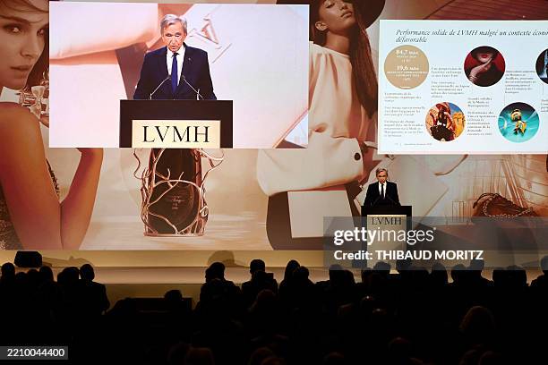 Head of top luxury conglomerate LVMH Bernard Arnault addresses a speech during the presentation of the French top luxury conglomerate LVMH group's...