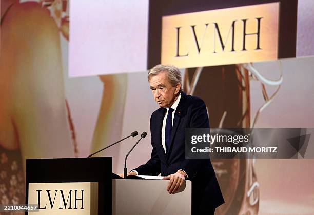 Head of top luxury conglomerate LVMH Bernard Arnault addresses a speech during the presentation of the French top luxury conglomerate LVMH group's...