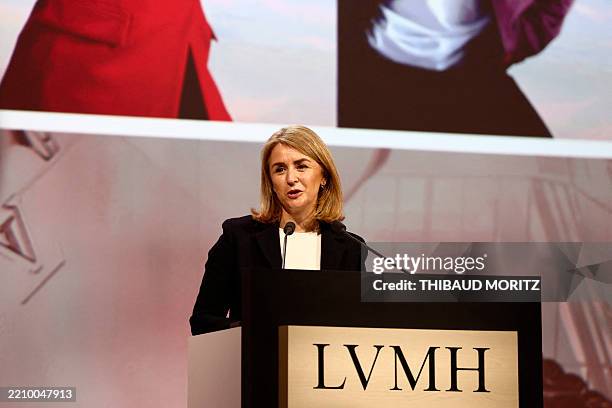 Group Chief Human Resources Officer Maud Alvarez-Pereyre addresses a speech during the presentation of the French top luxury conglomerate LVMH...