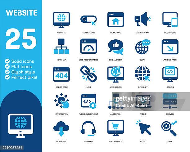 website glyphe feste symbole. enthält webdesign, webentwicklung, codierung und sammlung fester symbole für webseiten. vektor-illustration. perfektes pixel auf sauberem weißem hintergrund - social media symbol stock-grafiken, -clipart, -cartoons und -symbole