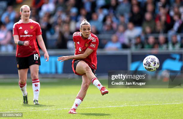 Celin Bizet of Manchester United scores her team's first goal during The Adobe Women's FA Cup Semi Final match between Manchester City and Manchester...