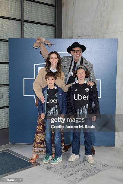 Emilie Livingston, Jeff Goldblum, Charlie Goldblum and River Goldblum attend the match between Como 1907 and Torino at Giuseppe Sinigaglia Stadium on...