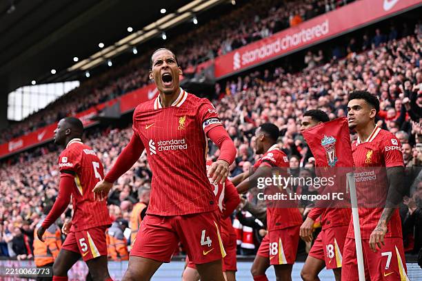 Virgil van Dijk of Liverpool celebrates scoring his team's second goal during the Premier League match between Liverpool FC and West Ham United FC at...