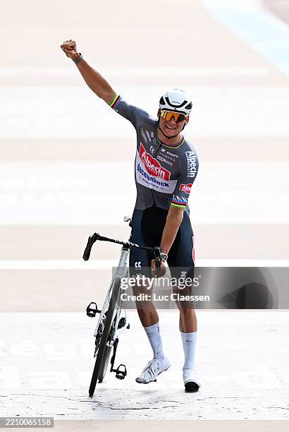 Mathieu Van Der Poel of Netherlands and Team Alpecin - Deceuninck celebrates at finish line as race winner during the 122nd Paris - Roubaix 2025 a...