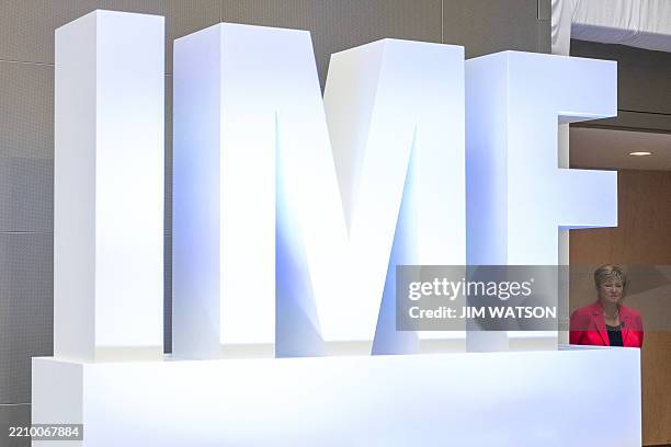 Managing Director Kristalina Georgieva arrives to deliver a keynote speech ahead of the IMF/WB Spring Meetings at IMF headquarters in Washington, DC,...