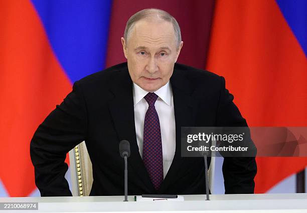 Russian President Vladimir Putin looks on during the signing ceremony at the Grand Kremlin Palace, April 17, 2025 in Moscow, Russia. Qatar's Emir met...