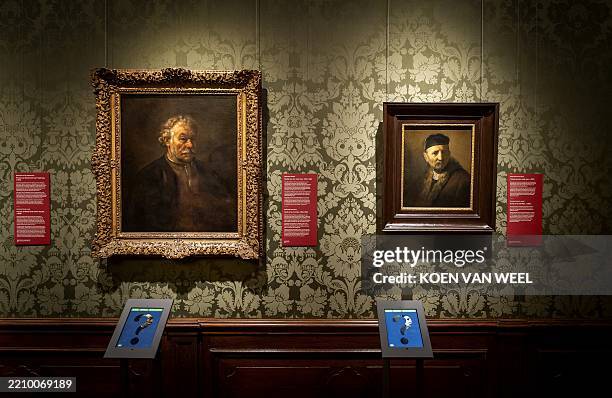 This photograph shows the painting "Study of an Old Man" c. 1655-1660 and the painting "Tronie of an Old Man" c. 1630 displayed at The Mauritshuis...