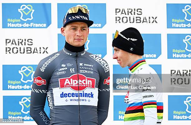 Race winner Mathieu Van Der Poel of Netherlands and Team Alpecin - Deceuninck and Tadej Pogacar of Slovenia and UAE Team Emirates - XRG on second...
