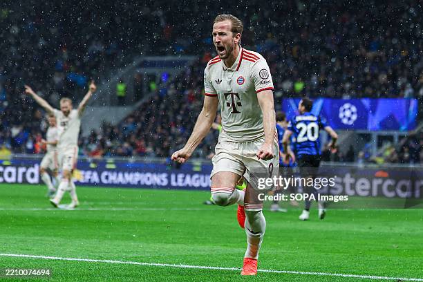 Harry Kane of FC Bayern Munchen celebrates after scoring a goal during UEFA Champions League 2024/25 Quarter Final - 2nd leg football match between...