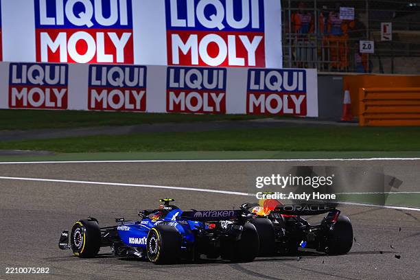 Carlos Sainz of Spain driving the Williams FW47 Mercedes and Yuki Tsunoda of Japan driving the Oracle Red Bull Racing RB21 make contact and clash on...