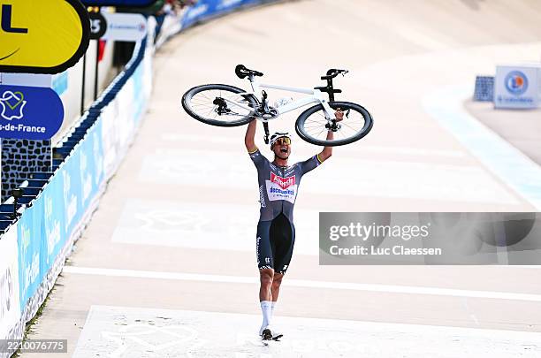 Mathieu Van Der Poel of Netherlands and Team Alpecin - Deceuninck celebrates at finish line as race winner in the Roubaix Velodrome - Andre Petrieux...