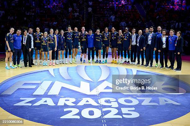 Fenerbahce Opet players and coaches celebrate after winning the Third Place Game of the Euroleague Women over the Valencia Basket at Pabellon...