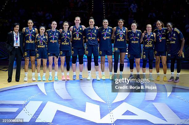 Fenerbahce Opet players and coaches celebrate after winning the Third Place Game of the Euroleague Women over the Valencia Basket at Pabellon...